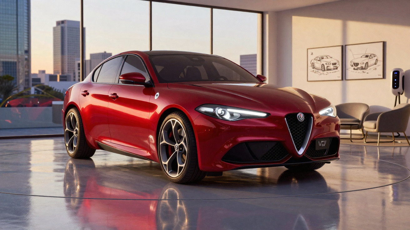 Automóvel desportivo vermelho Alfa Romeo Giulia estacionado numa sala moderna com janelas grandes e vista urbana.