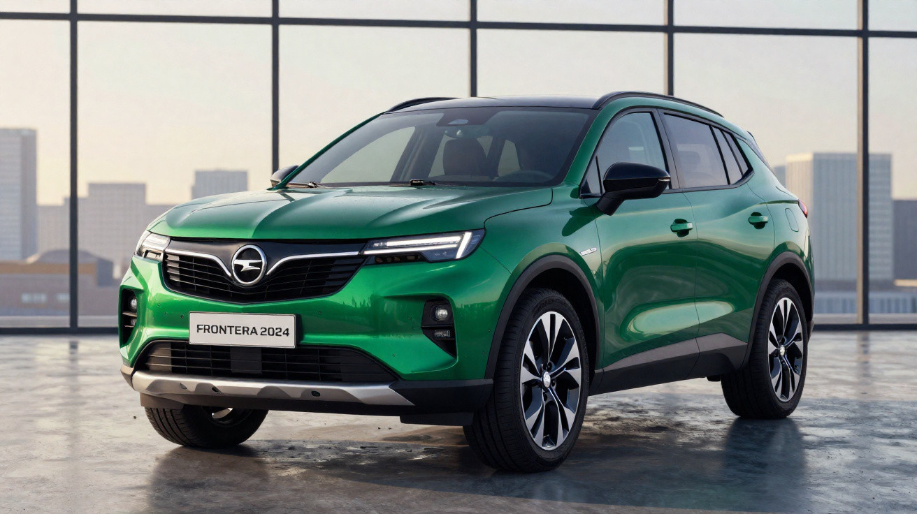 Automóvel Opel Frontera 2024 verde, SUV urbano moderno em ambiente interior com janelas grandes.
