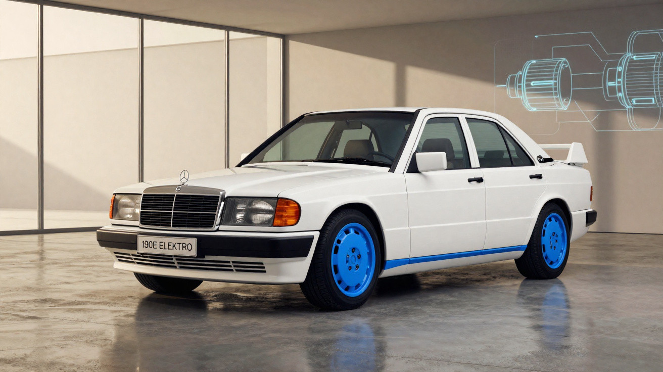 Mercedes-Benz 190E Elektro branco com jantes azuis numa garagem moderna.