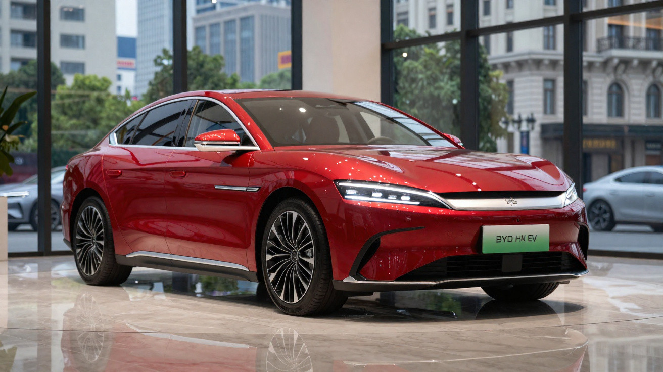 Carro elétrico desportivo vermelho BYD Han EV em exposição numa sala com grandes janelas.