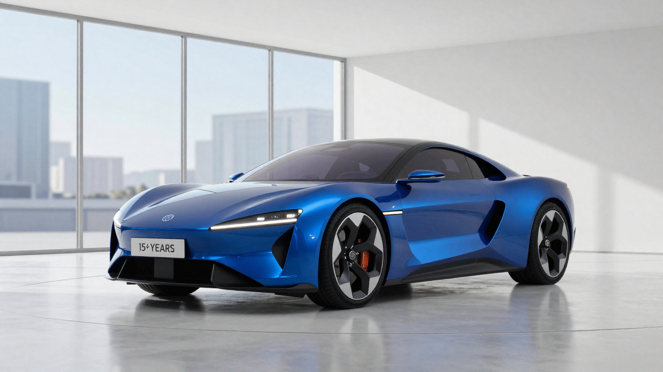 Carro desportivo elétrico azul estacionado num espaço interior com janelas grandes e parede branca.