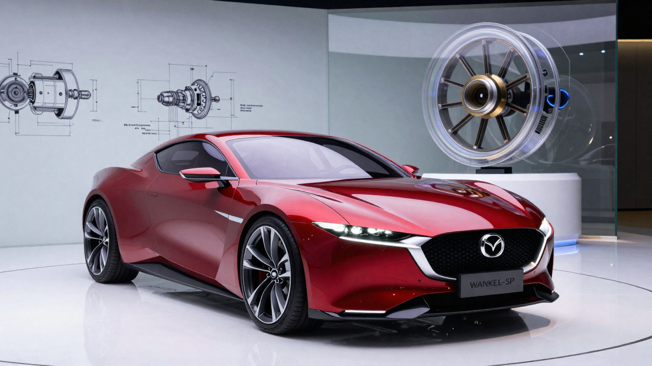 Carro desportivo vermelho Mazda Wankel-SP exibido em ambiente de design com desenhos técnicos ao fundo.