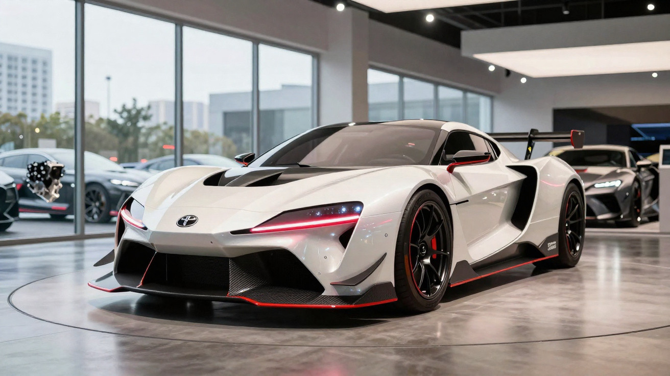 Carro desportivo branco com detalhes pretos e vermelhos, exposição interior com outras viaturas ao fundo.