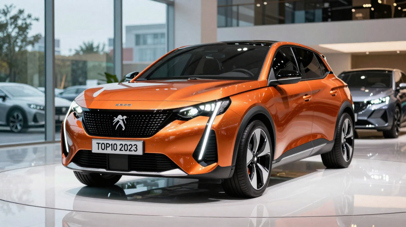 Carro elétrico Peugeot 208 laranja em exposição num salão moderno, com placa TOP10 2023.