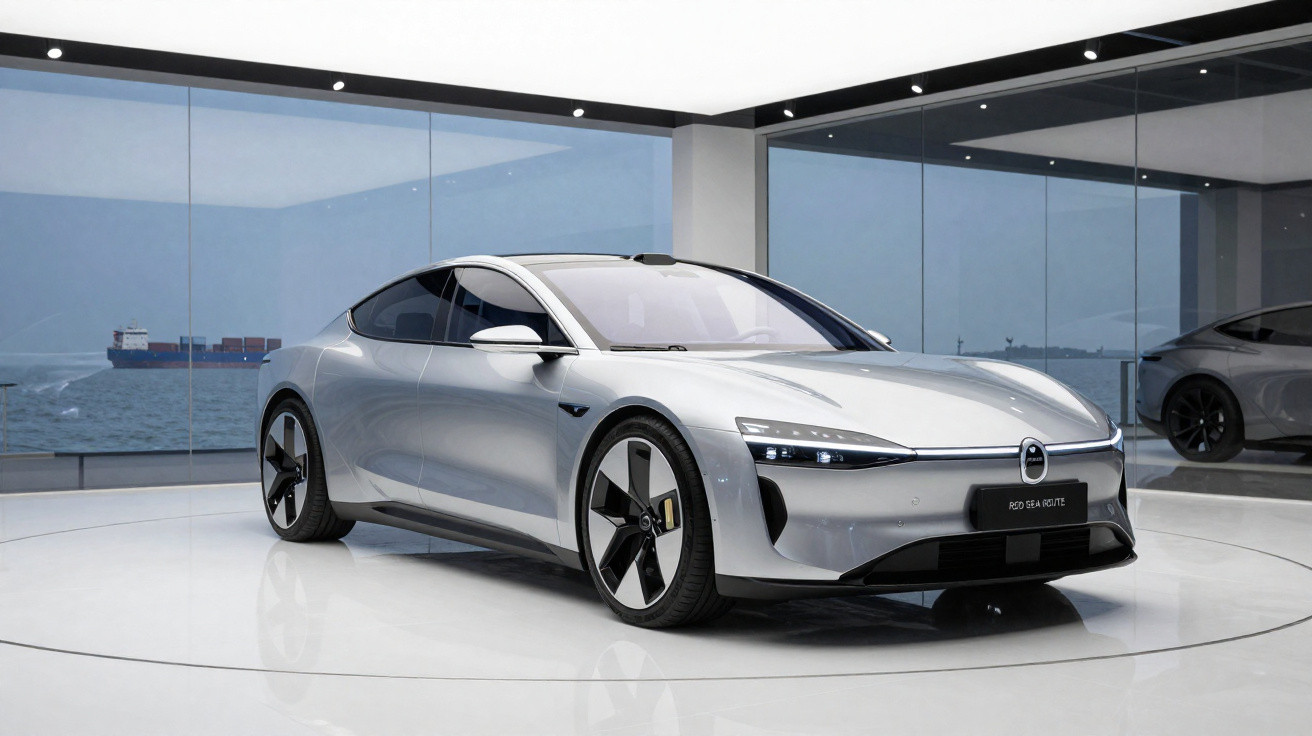 Carro desportivo eléctrico prateado futurista numa sala de exposições com vista para o mar.