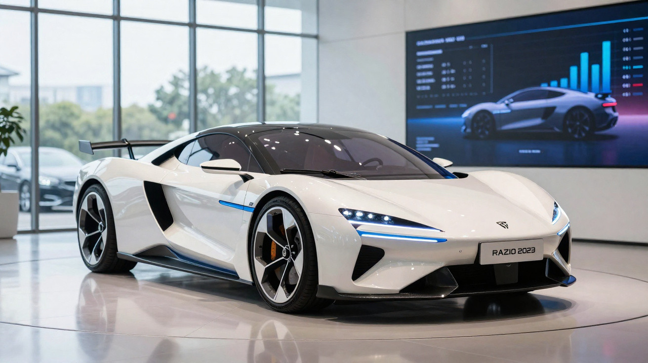 Carro desportivo branco com design futurista, apresentado numa exposição com grandes janelas ao fundo.