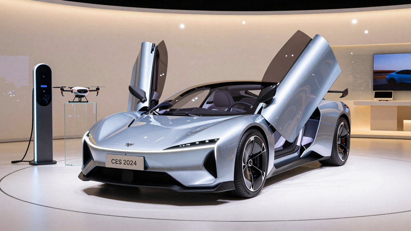 Carro desportivo elétrico prateado com portas abertas, posto de carregamento e drone expostos em salão moderno.