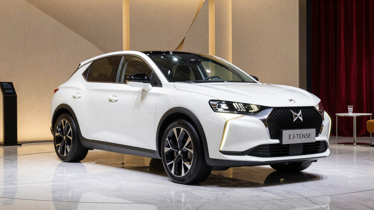 Carro elétrico branco DS Automobiles E3-Tense estacionado em piso brilhante num interior moderno.