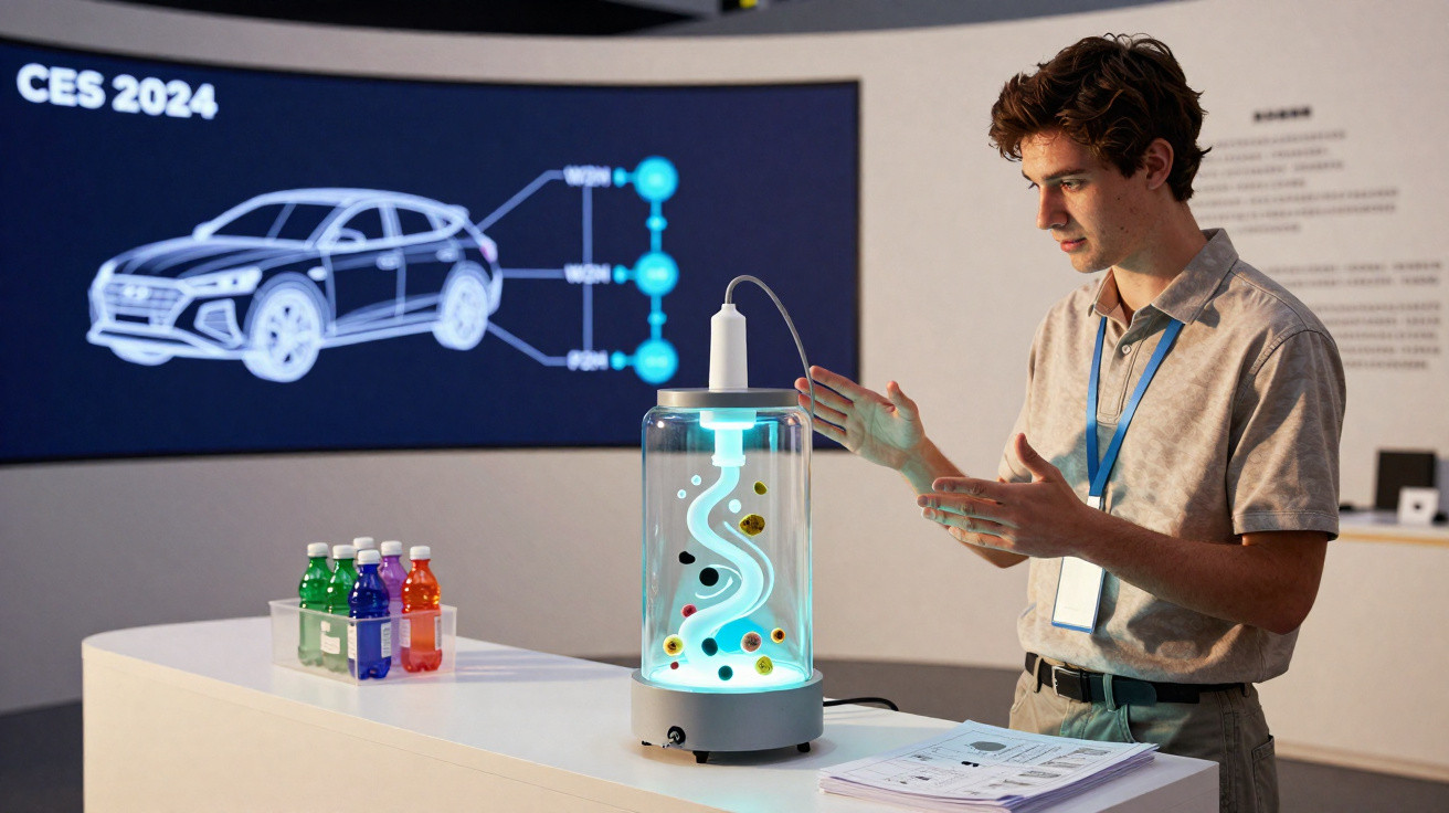 Jovem a apresentar dispositivo tecnológico luminoso numa feira com ecrã de automóvel e garrafas coloridas.