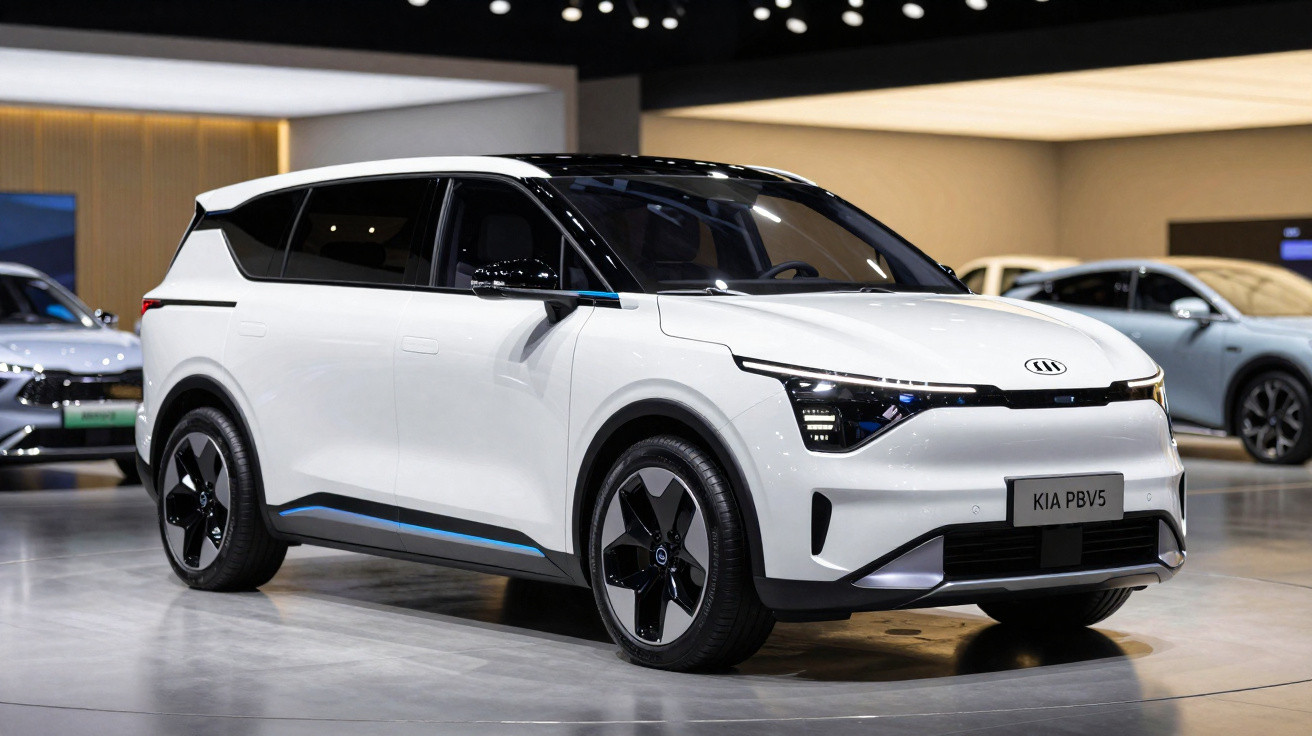 Carro elétrico branco KIA PBV5 em exposição num salão automóvel moderno.