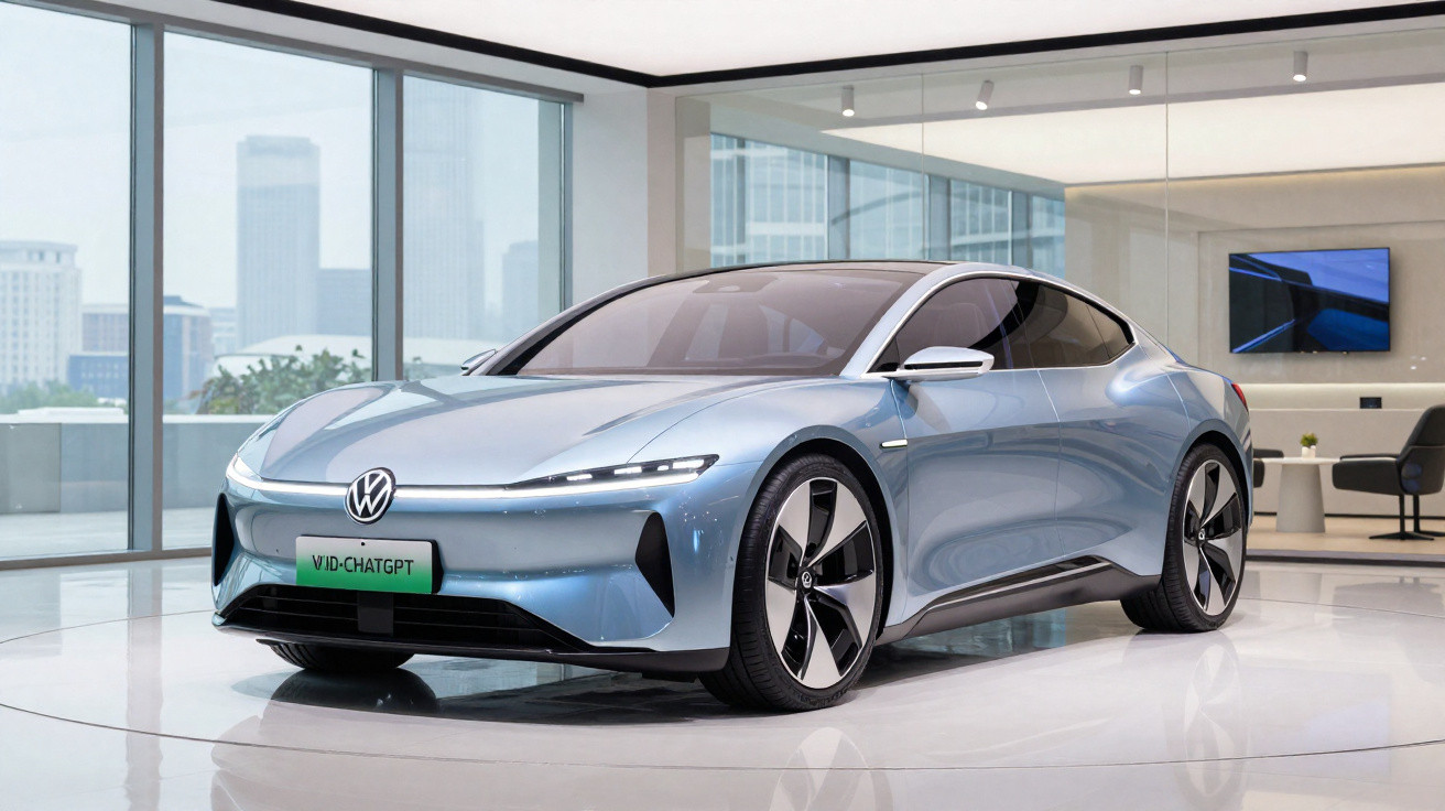 Carro elétrico Volkswagen prateado estacionado num showroom moderno com paredes de vidro.
