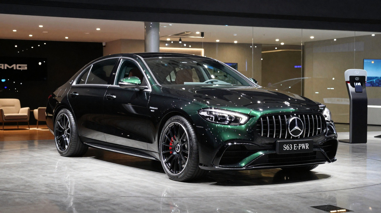 Mercedes-Benz S63 E-PWR preto exibido em salão com piso refletor e iluminação ambiente suave.