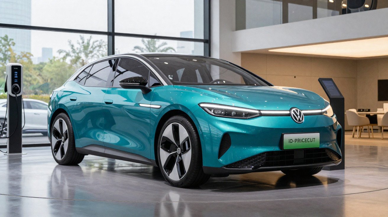 Carro elétrico Volkswagen ID. modelo azul exposto em showroom moderno com carregador ao lado.
