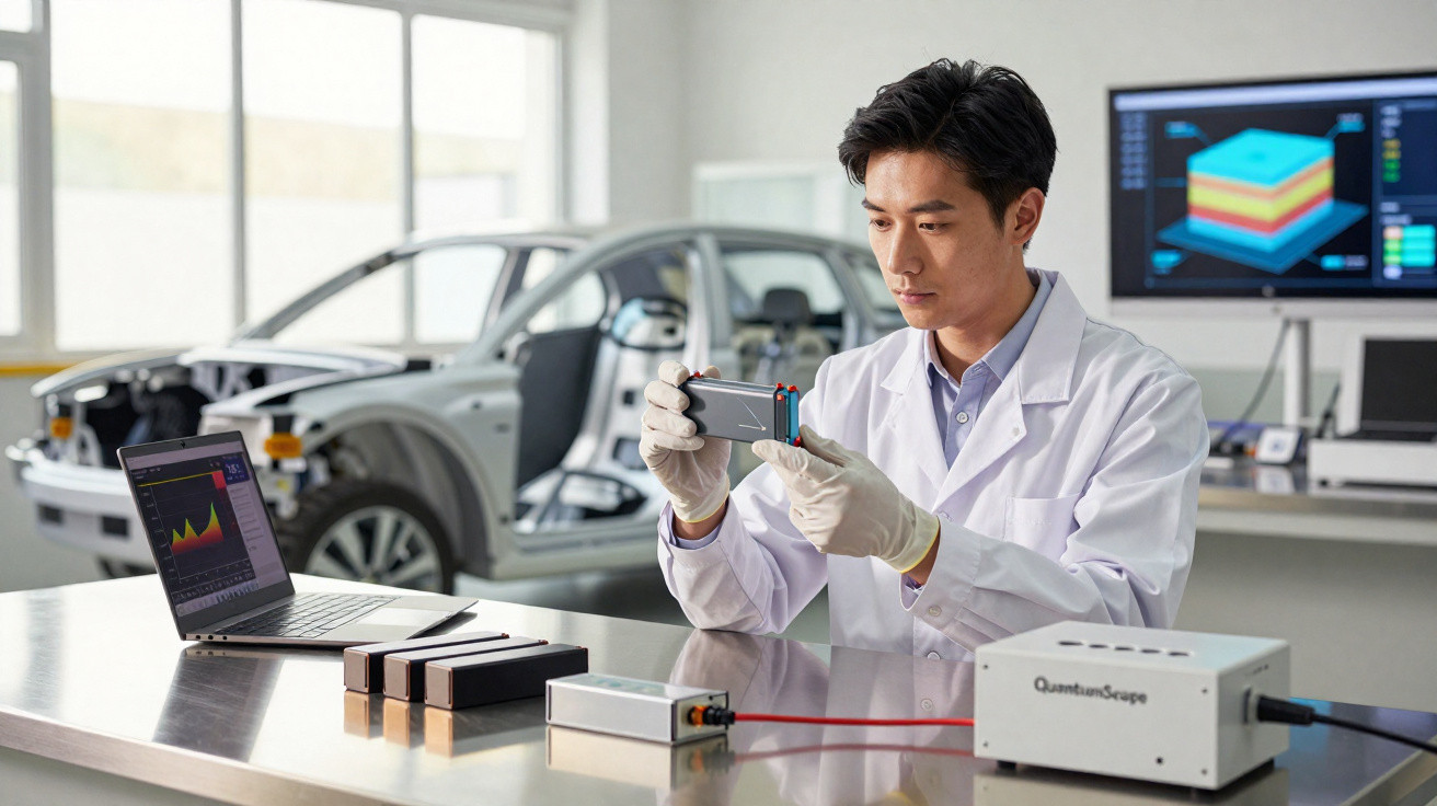 Homem em bata branca analisa bateria enquanto carro eléctrico desmontado está ao fundo num laboratório.