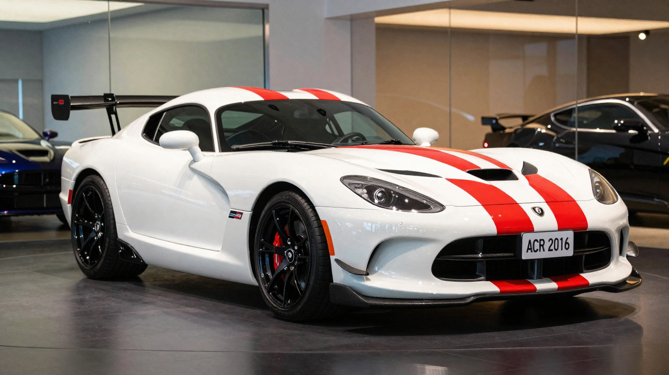 Carro desportivo branco com duas riscas vermelhas no capot e spoiler traseiro num showroom.