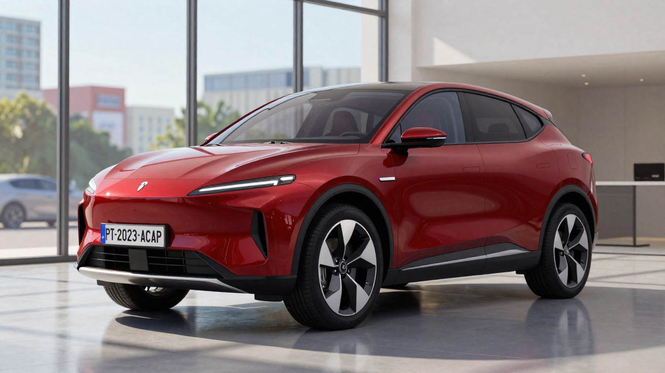 Carro elétrico vermelho estacionado em showroom com janelas amplas e iluminação natural.