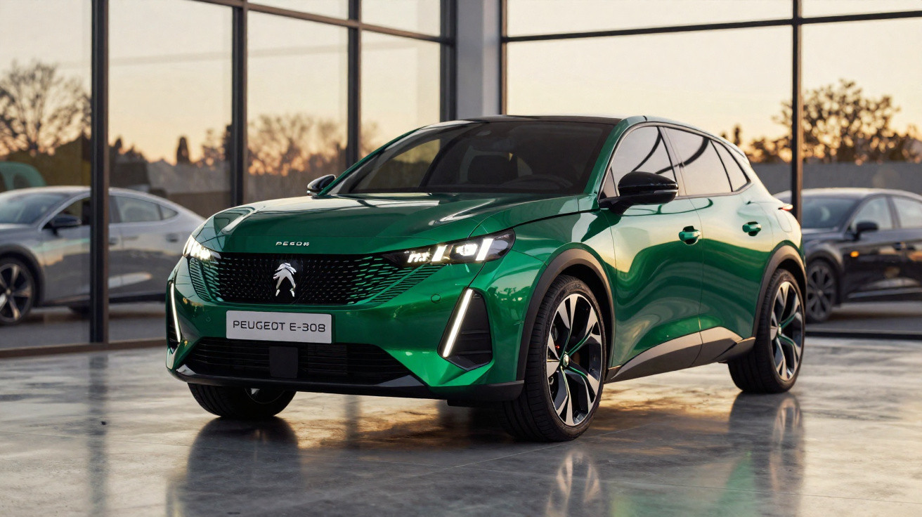 Peugeot E-308 elétrico verde estacionado em garagem com janelas envidraçadas ao pôr do sol.