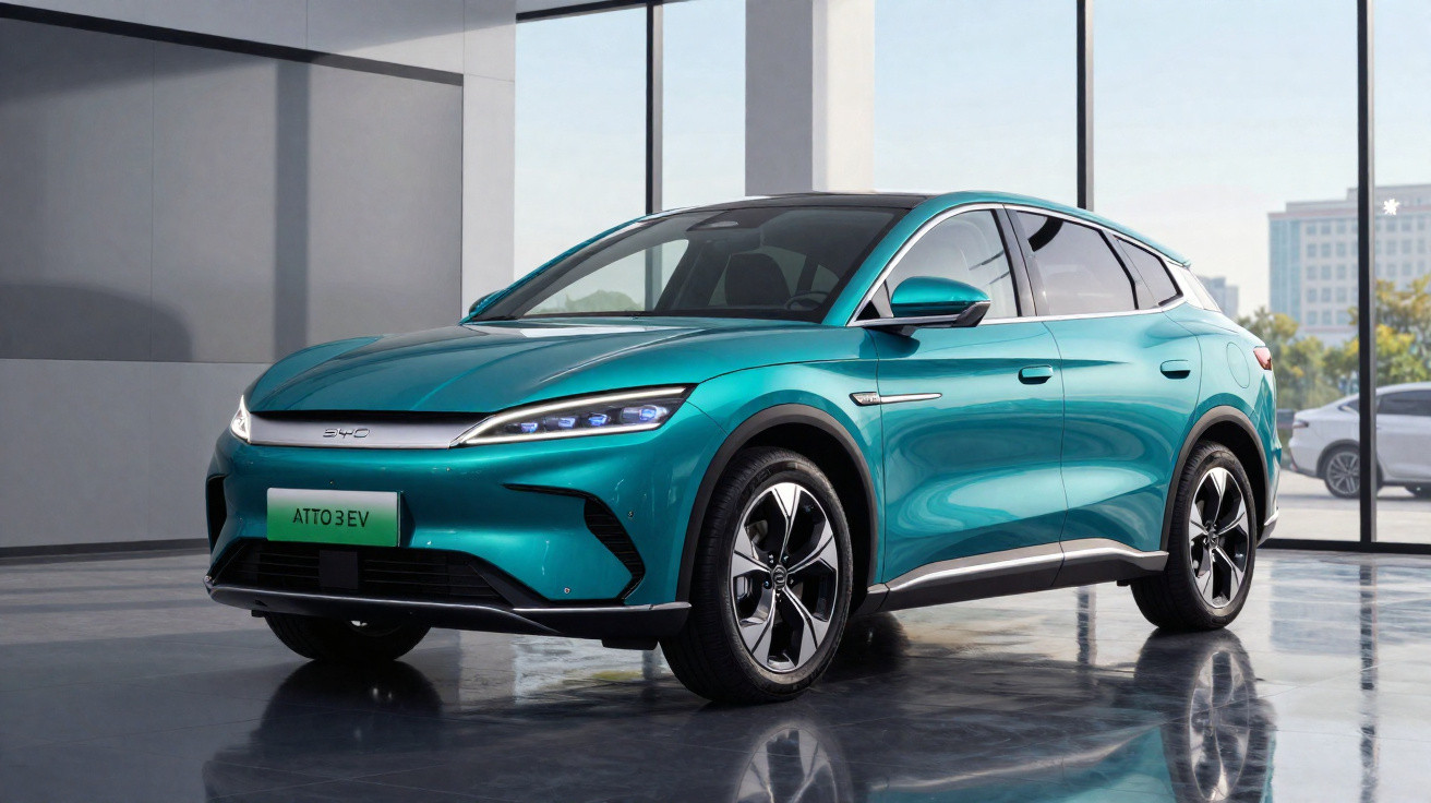 Carro elétrico SUV verde-azulado BYD Atto 3 EV estacionado em espaço moderno com vidros grandes.