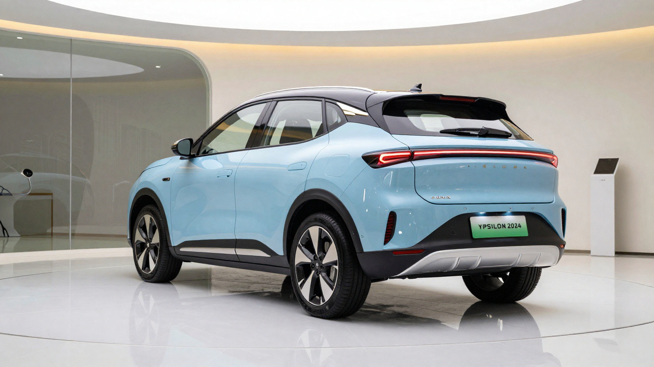 Automóvel eléctrico azul claro com tejadilho preto exposto em ambiente interior moderno.