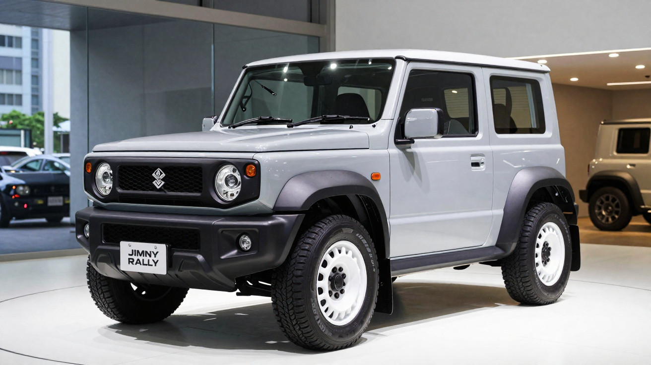 Veículo Suzuki Jimny Rally cinzento exposto em showroom moderno com iluminação branca.