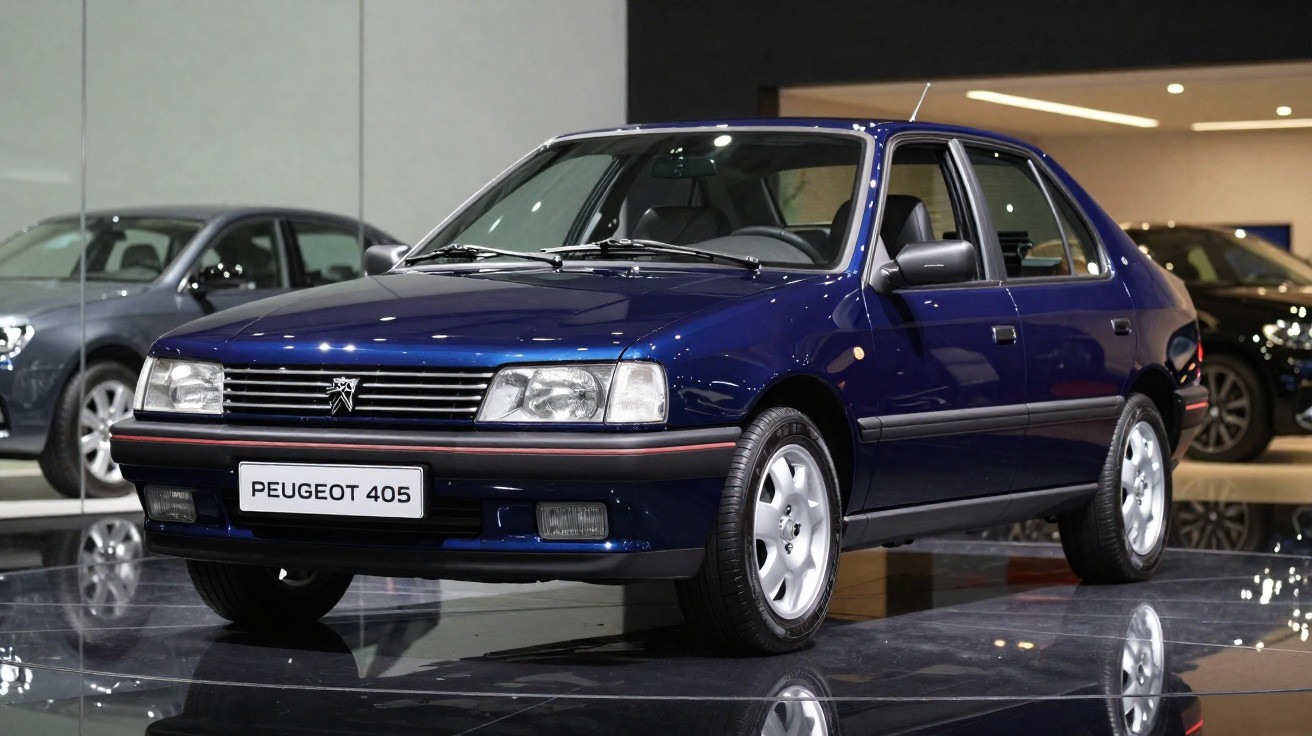 Peugeot 405 azul escuro em exposição num showroom moderno com chão brilhante e espelhos.
