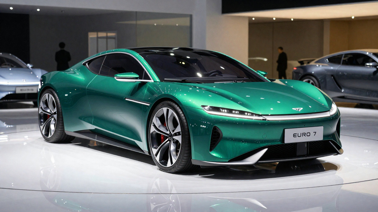 Carro desportivo elétrico verde metálico exposto num salão automóvel com placa Euro 7.