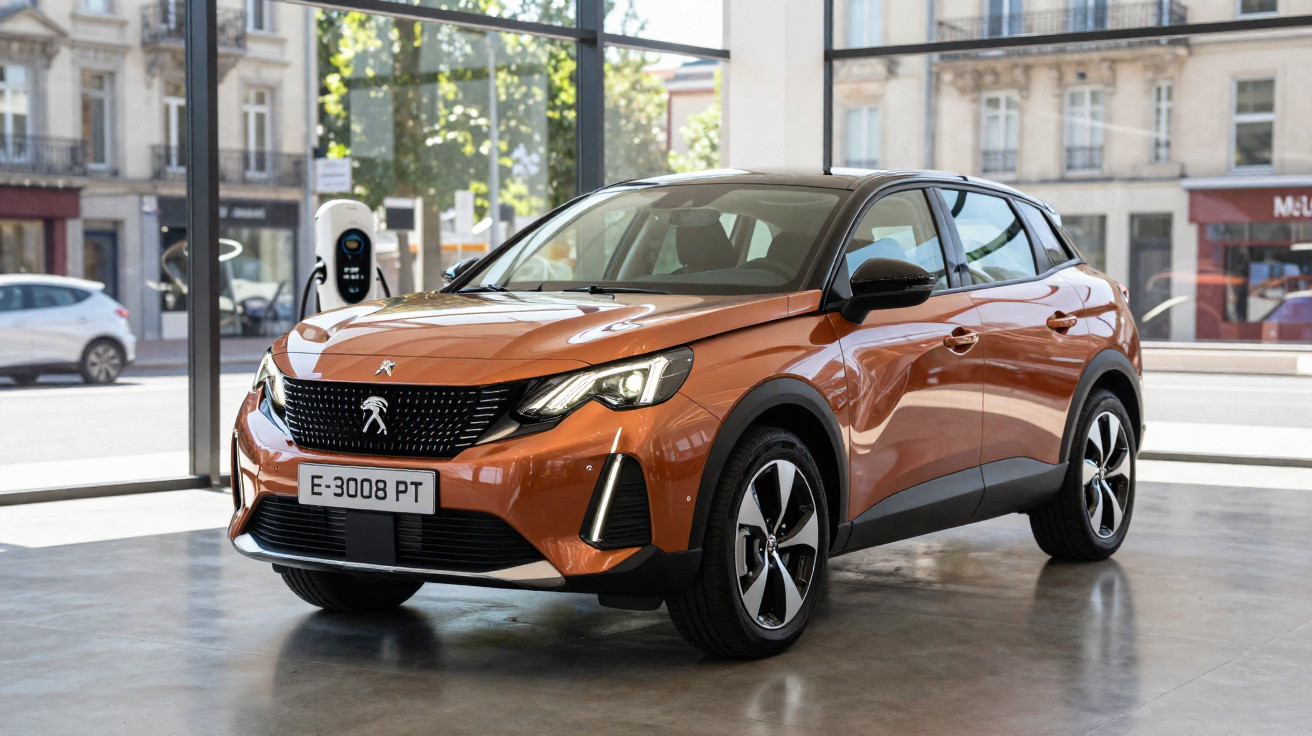 Peugeot 3008 laranja estacionado numa sala de exposição com grandes janelas e um carregador elétrico.