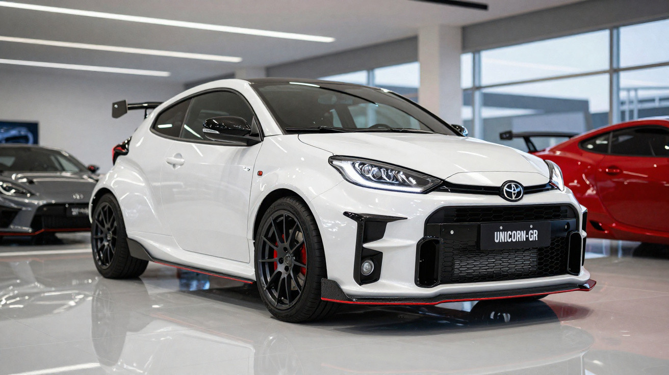 Carro desportivo branco Toyota GR Yaris na exposição, com jantes pretas e detalhes vermelhos.