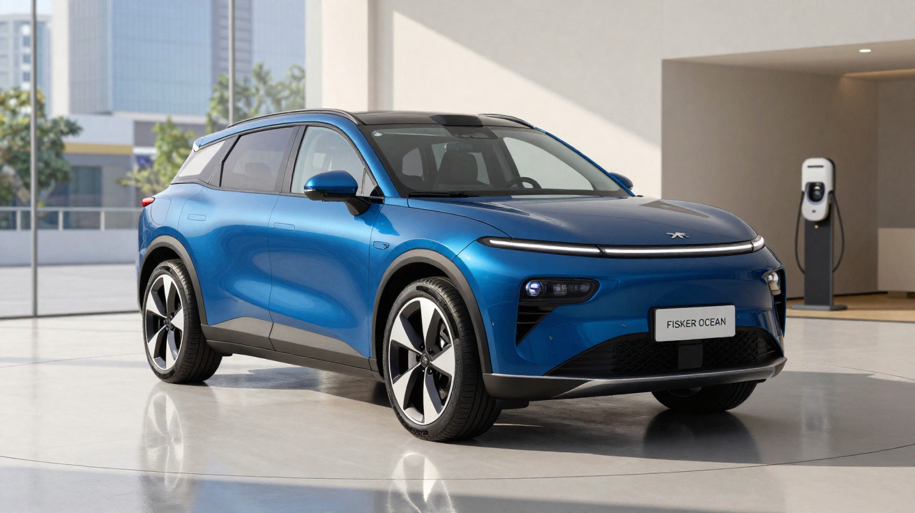 SUV elétrico azul Fisker Ocean estacionado em ambiente moderno com posto de carregamento ao fundo.