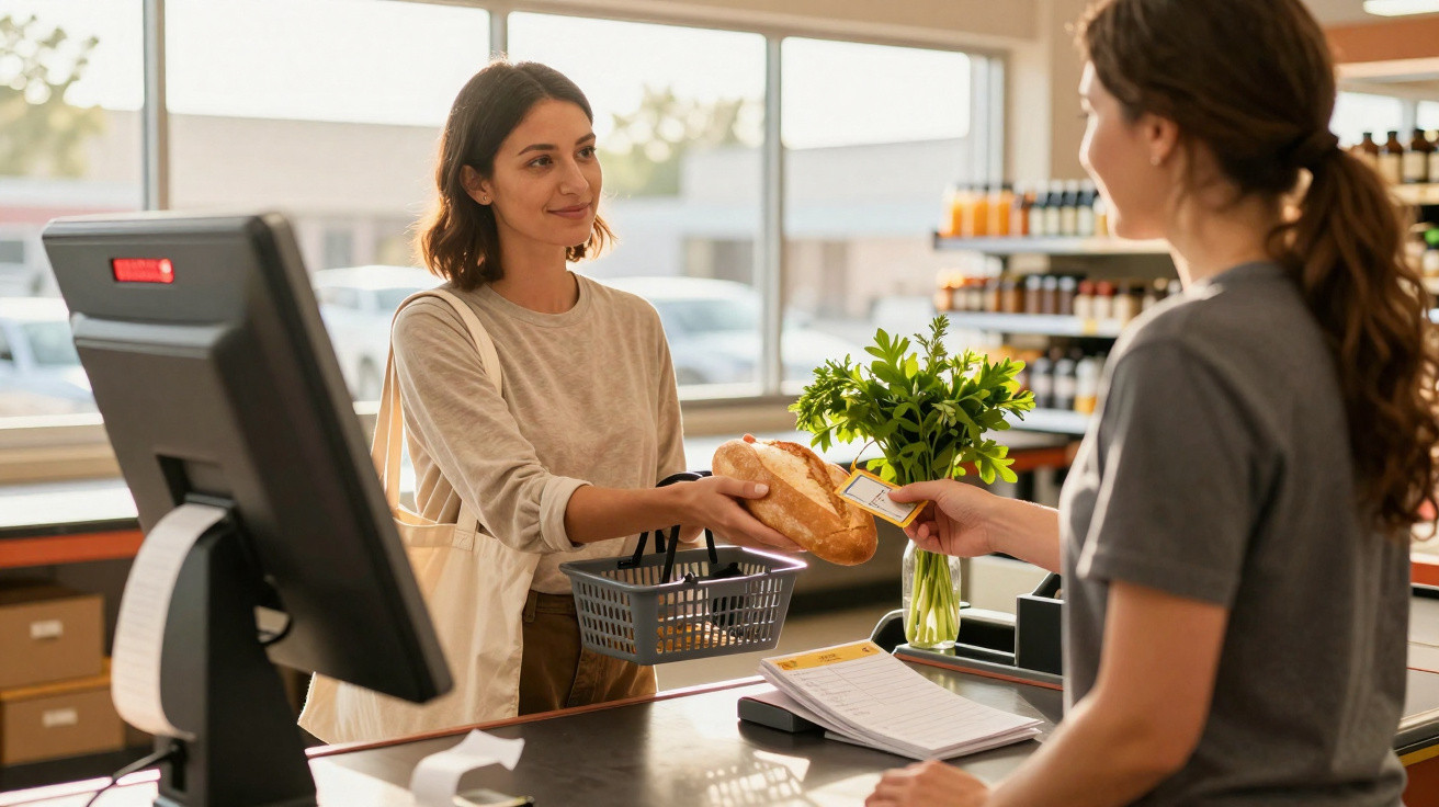 Cliente a pagar pão com cartão numa loja com funcionária ao balcão.