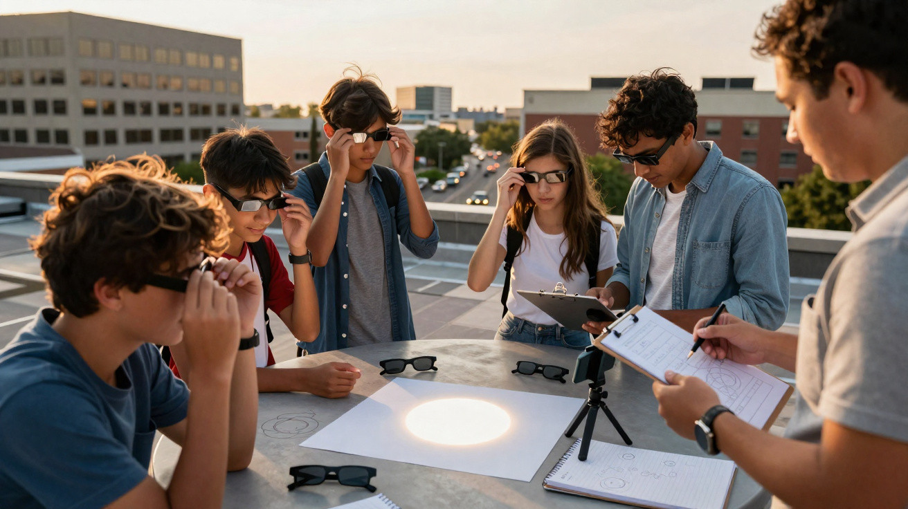 Grupo de jovens a observar um eclipse solar com óculos de proteção num terraço urbano ao entardecer.