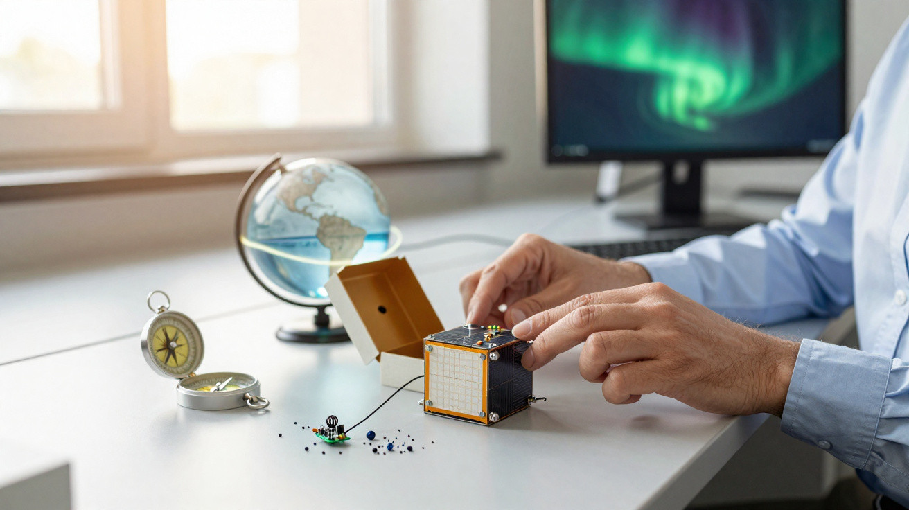 Pessoa manipula satélite em miniatura sobre mesa com globo terrestre e bússola perto de monitor.