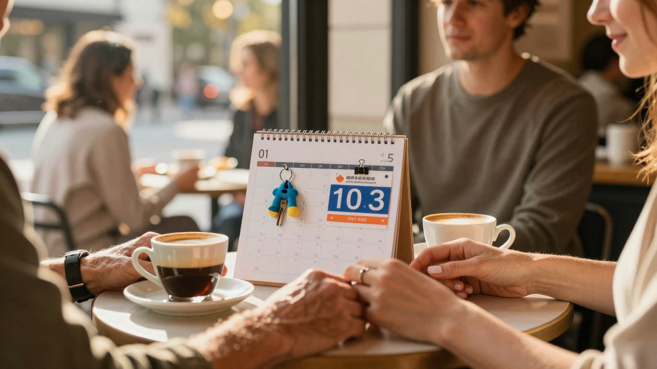 Mesa de café com um casal a segurar as mãos e calendário com as chaves penduradas, outras pessoas ao fundo.