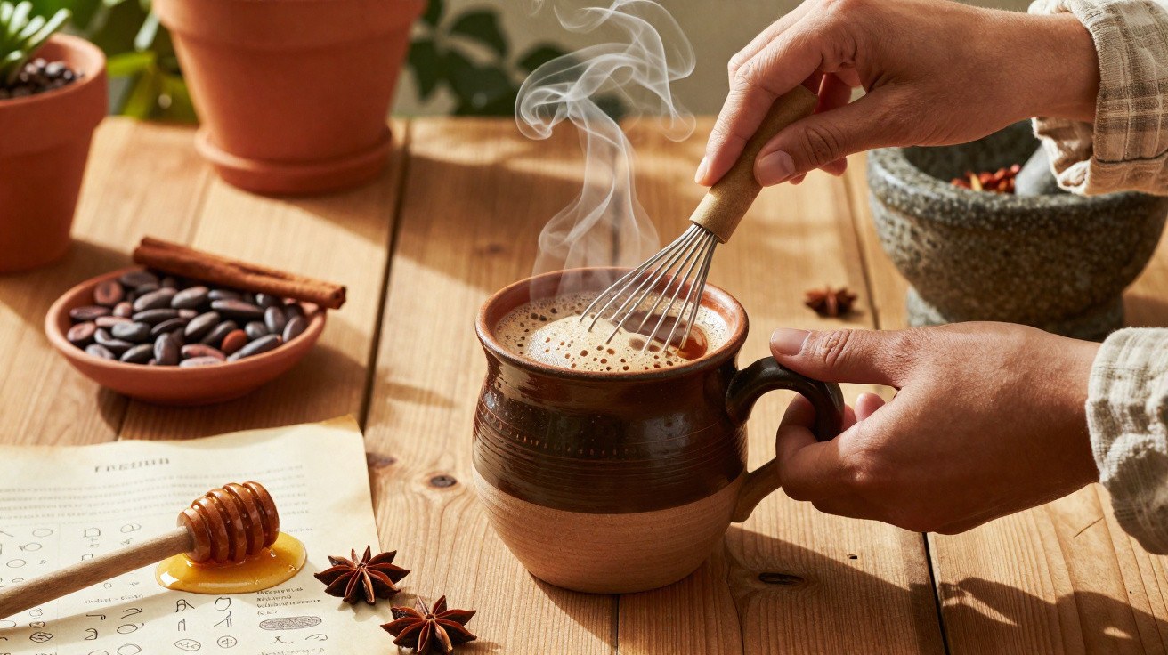 Mãos mexem bebida quente num copo de barro com vapor, rodeado de especiarias e ingredientes numa mesa de madeira.