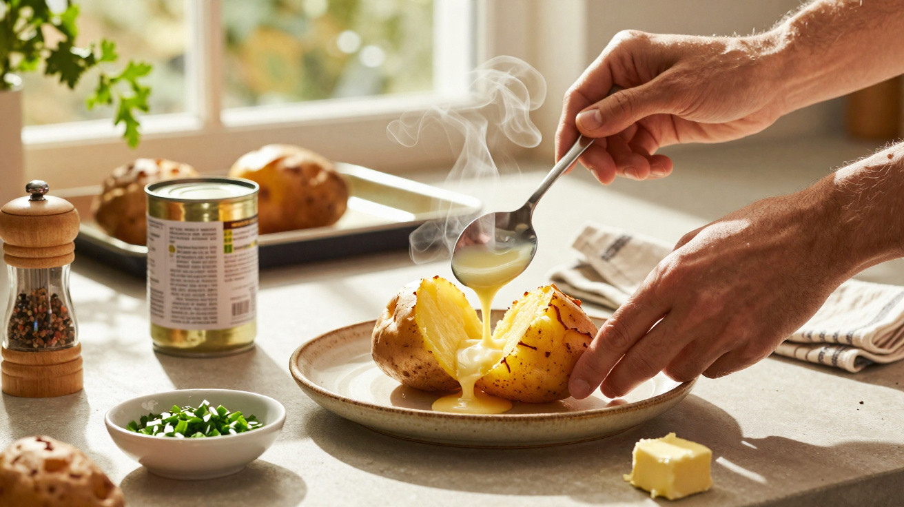 Batata cozida partida ao meio com molho quente a ser servido com manteiga numa cozinha iluminada.
