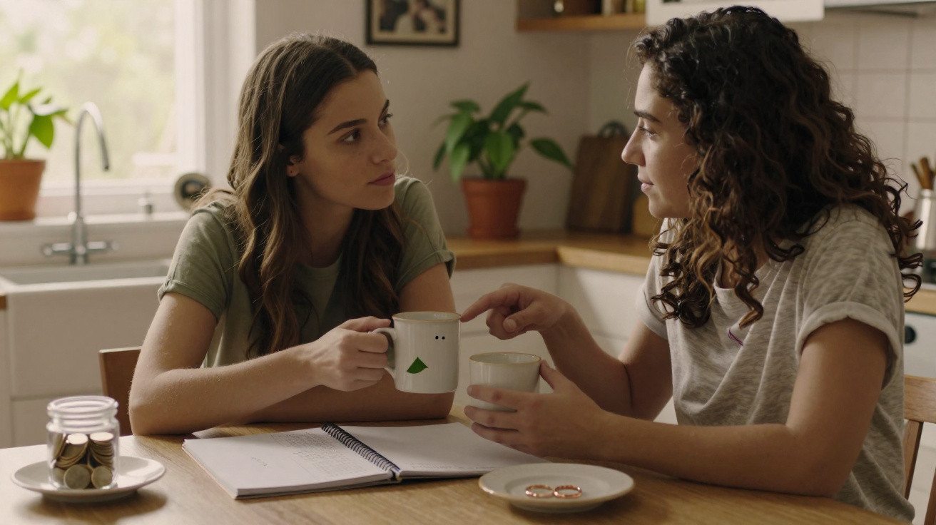 Duas mulheres conversam à mesa de cozinha, segurando canecas, com objetos e caderno à sua frente.