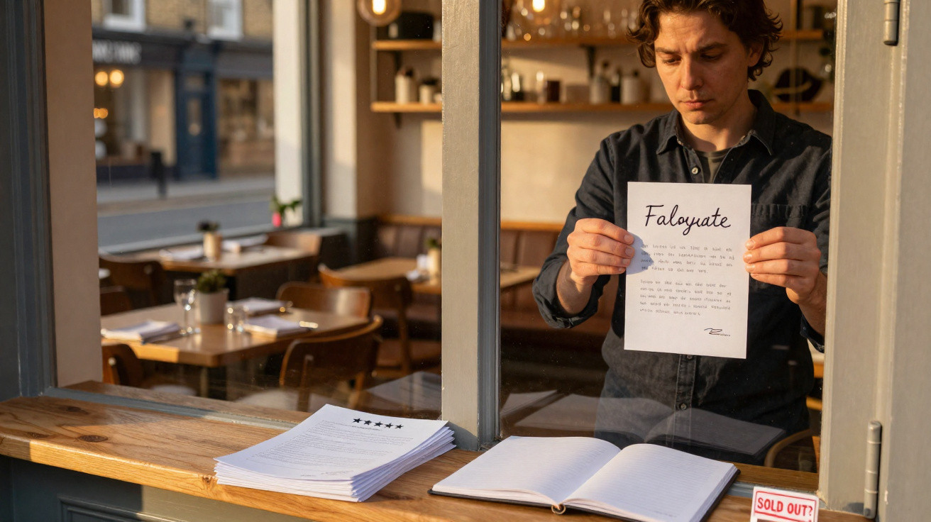 Pessoa a segurar papel com texto em restaurante vazio visto através de janela, ambiente iluminado a recap.