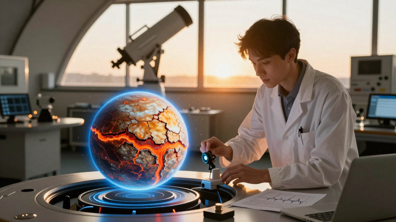 Cientista em laboratório observa globo terrestre em chamas projetado em holograma futurista sobre mesa tecnológica.