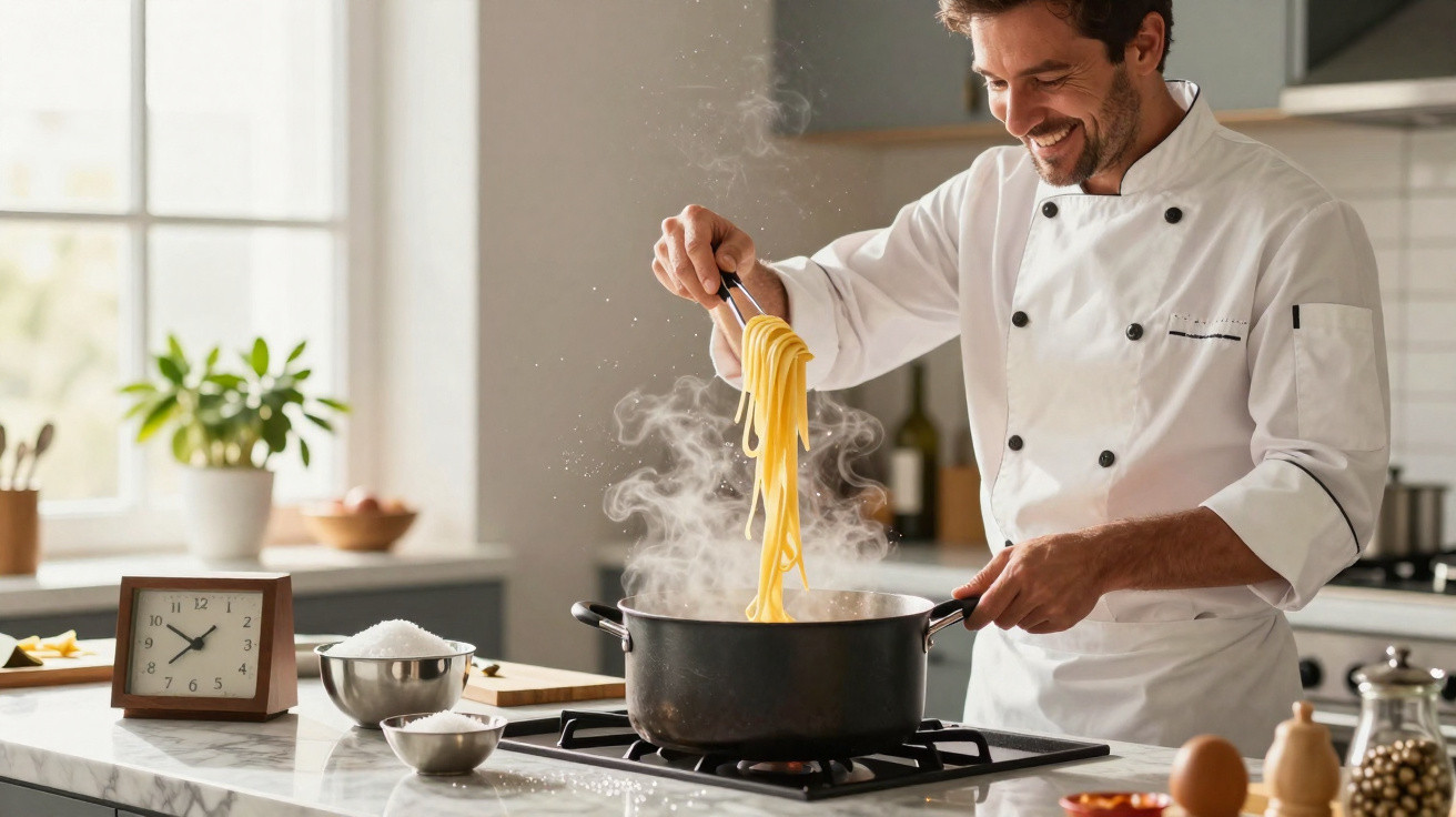 Chef a sorrir a retirar massa a vapor de uma panela na cozinha luminosa e moderna.