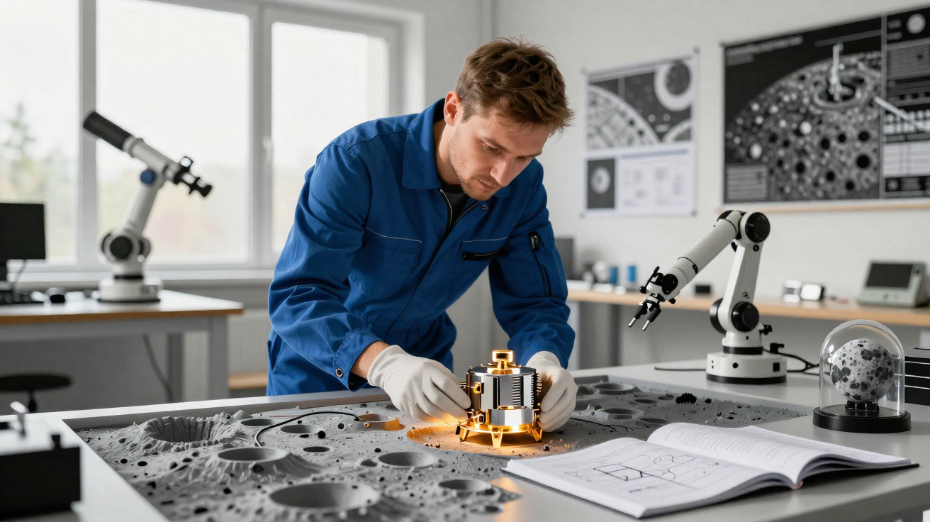 Homem em macacão azul trabalha com equipamento iluminado numa mesa com modelo lunar e robô branco.