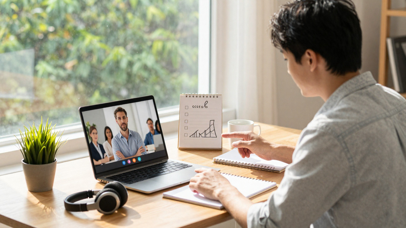 Pessoa a participar numa reunião de vídeo num portátil num ambiente de trabalho com bloco de notas e gráfica.
