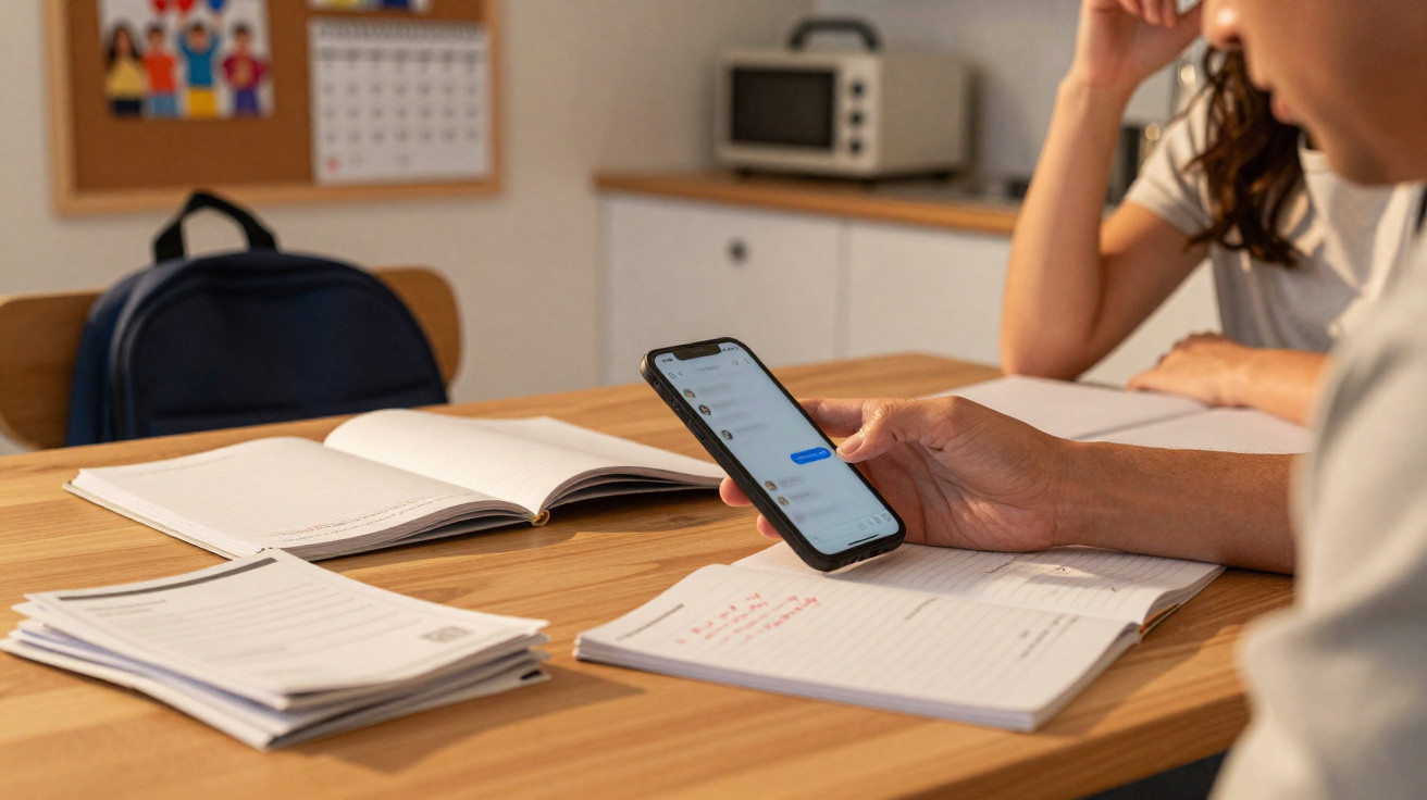 Pessoa a consultar mensagens no telemóvel com cadernos e livros abertos numa mesa de estudo.