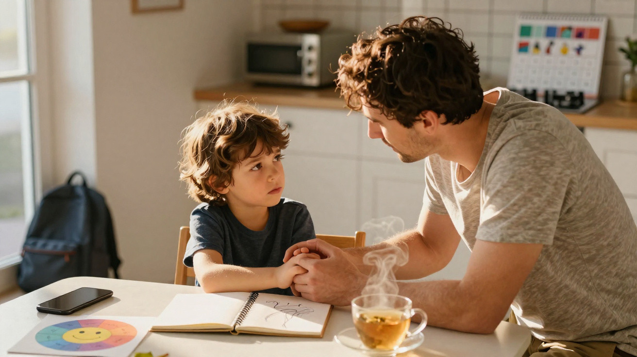 Pai e filho a conversar seriamente na cozinha, com desenho e chá na mesa.