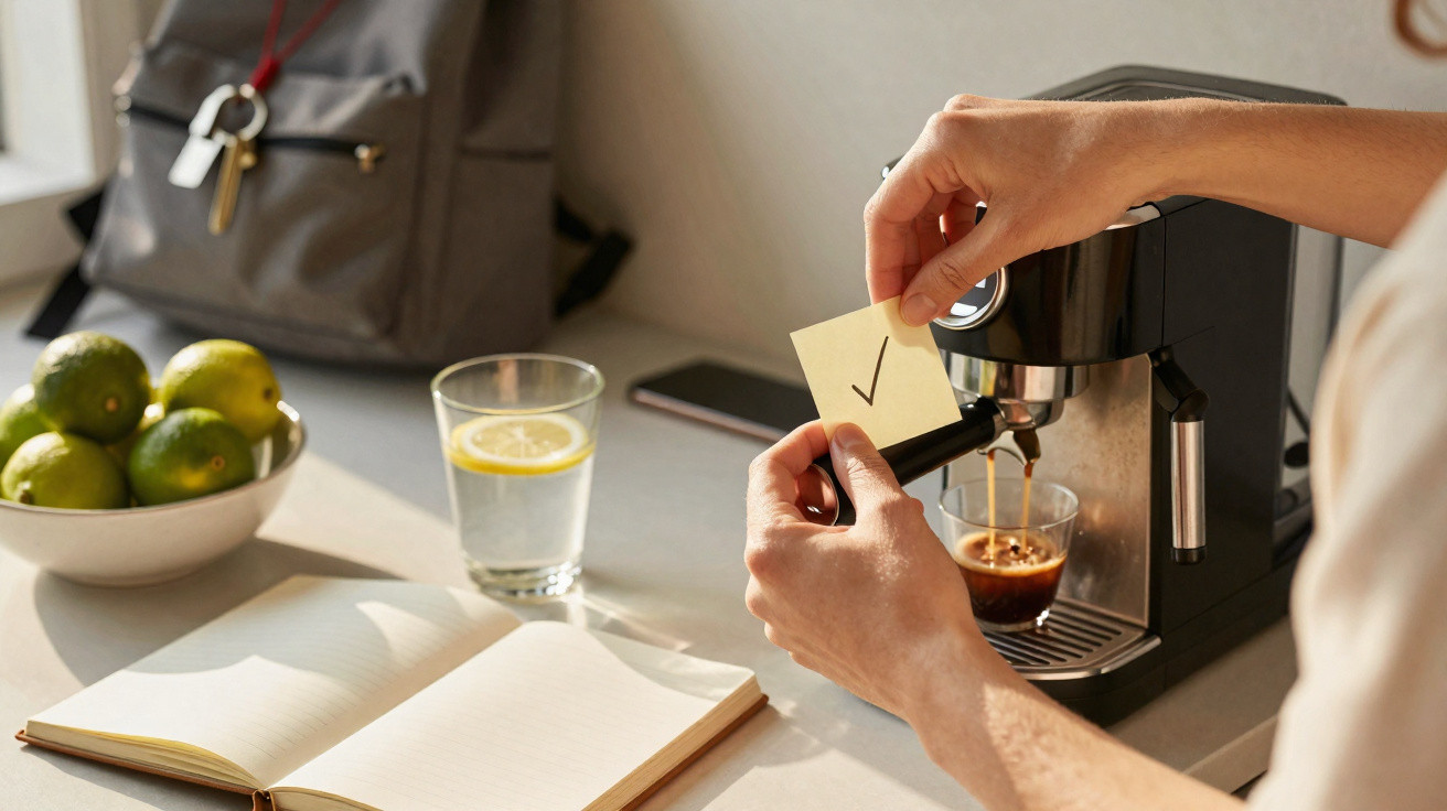 Pessoa a preparar café numa máquina expresso com caderno aberto, copo de água e limões numa tigela.