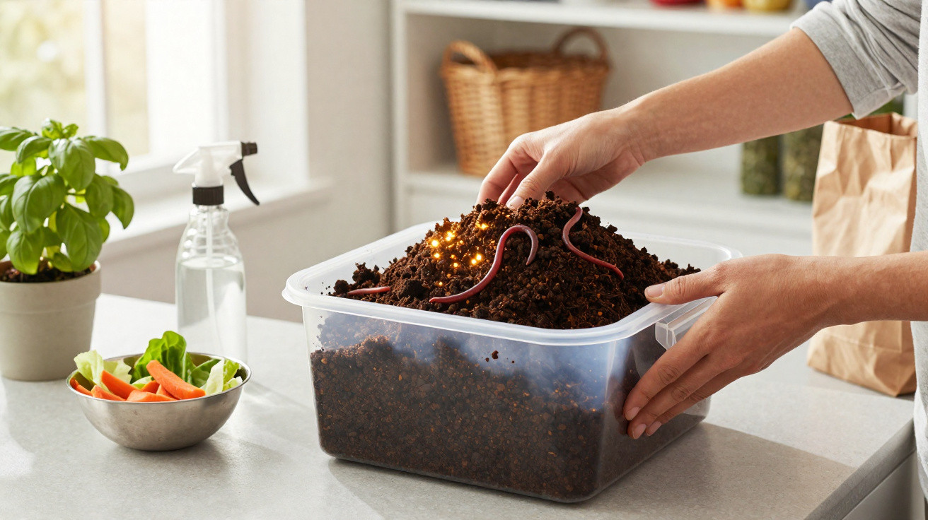 Mãos mexendo terra num recipiente com minhocas vermelhas, ao lado de planta, spray e legumes numa cozinha.