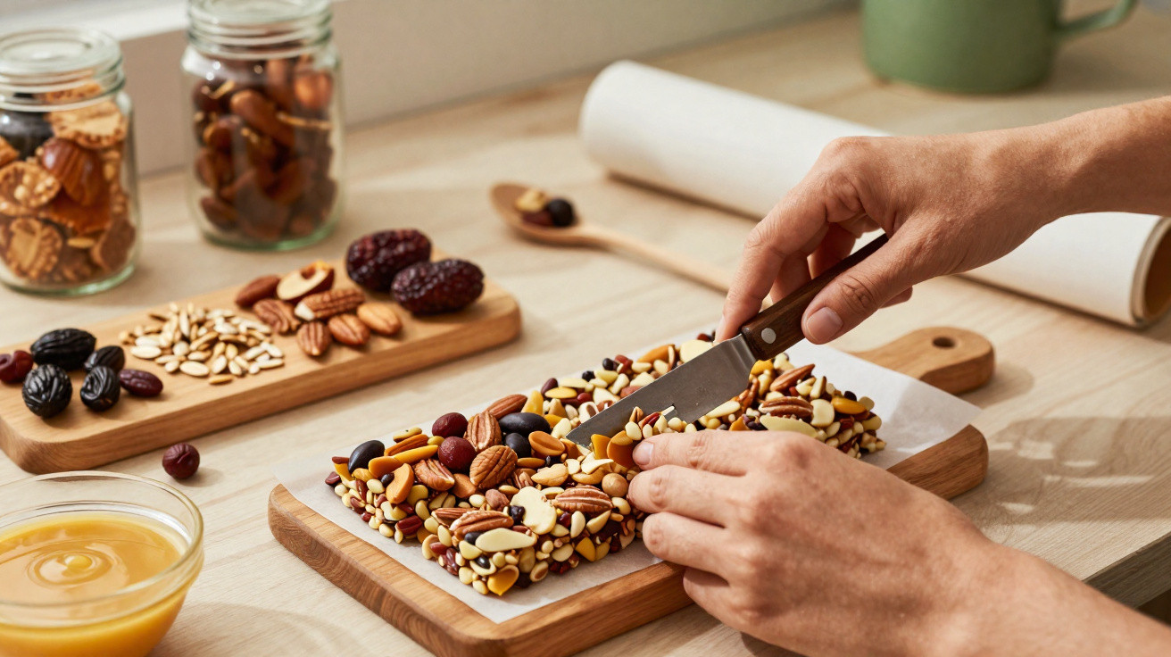 Pessoa a cortar barras de frutos secos com faca numa tábua de madeira, com mel e frutos secos ao lado.