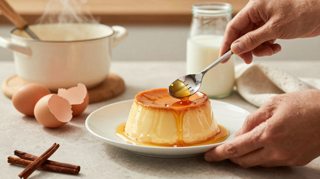 Flan com caramelo a ser servido numa colher, com ovos, canela e leite ao fundo numa cozinha.