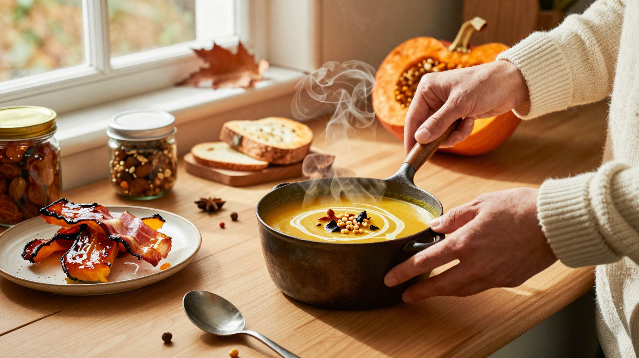 Pessoa a servir sopa de abóbora fumegante numa panela, com fatias de pão e abóbora na mesa de madeira.