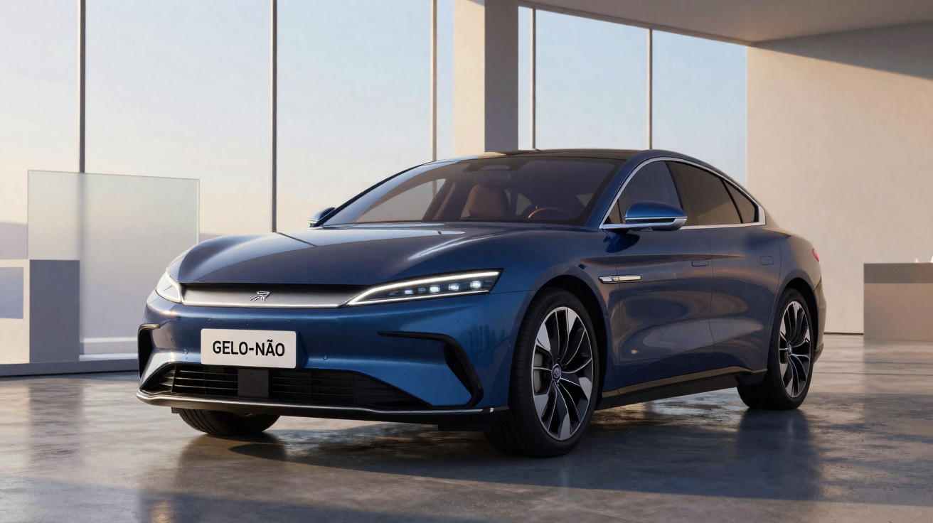Carro elétrico sedan azul modernista num espaço interior amplo com janelas grandes de vidro.