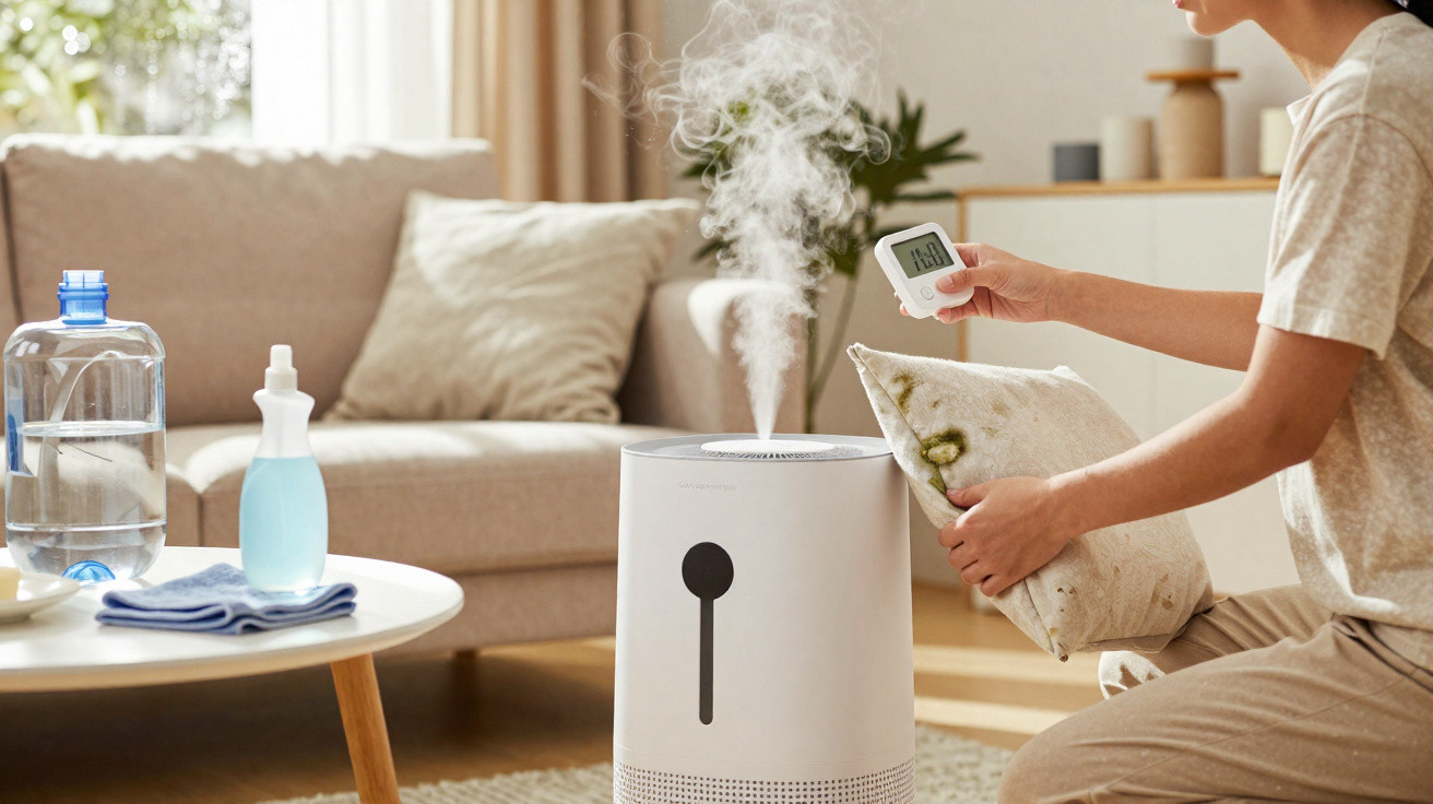 Pessoa segura almofada com bolor perto de humidificador a vapor num ambiente doméstico acolhedor.